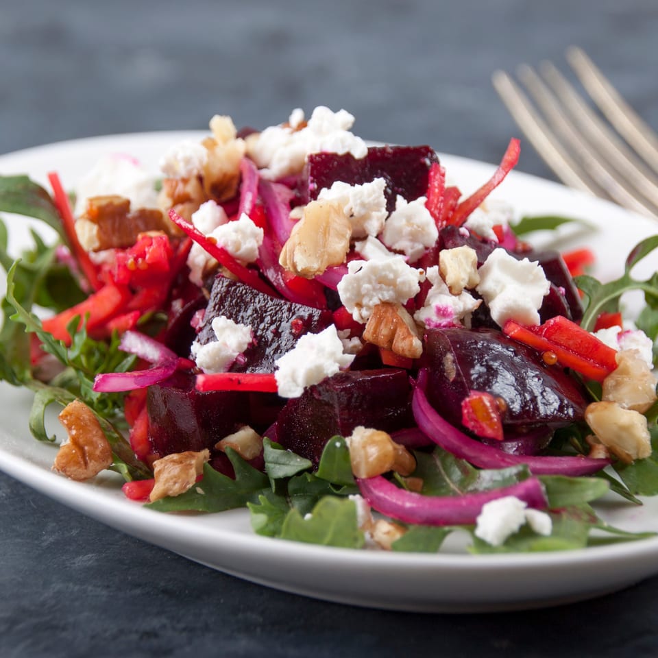 Zaca Salad's beet and goat cheese salad with walnuts, red onion, and arugula.