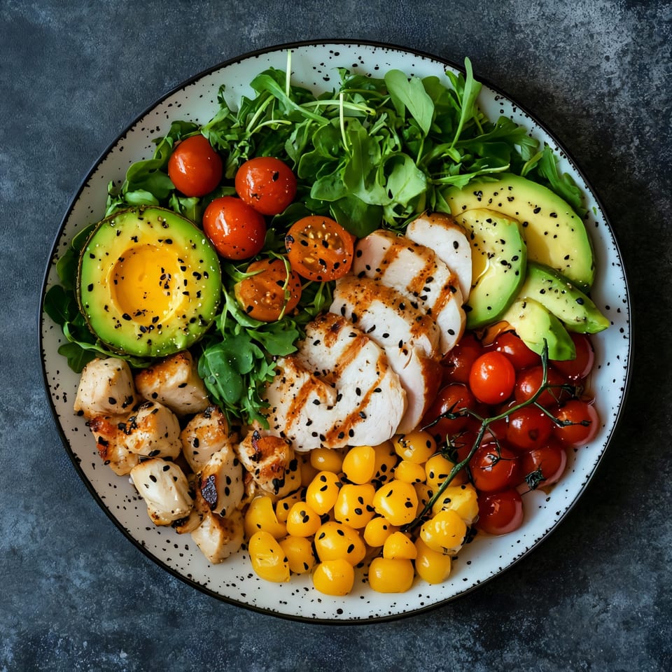A Zaca Salad with grilled chicken, avocado, cherry tomatoes, and arugula in a white bowl.